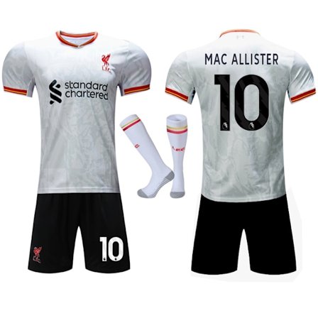 2024-2025 Liverpool FC Bortedraktsett for Barn og Voksne med Sokker Størrelse 10 MAC ALLISTER - Perfekt No.10 MAC ALLISTER
