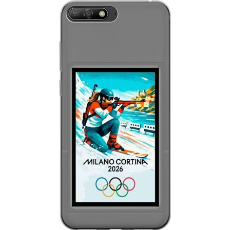 Kompatibelt Mobildeksel til Huawei Y6 (2018) Retroplakat Cortina Milano 2026 med fjell, vintersportsutøvere, italienske trikolor, Milano-katedralen og