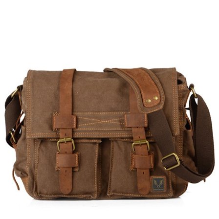 Vintage Militär Canvasväska för Män - 14,5 tum Vintage Casual Canvas Messenger Bag Herrarnas Militär Läder Canvasväska