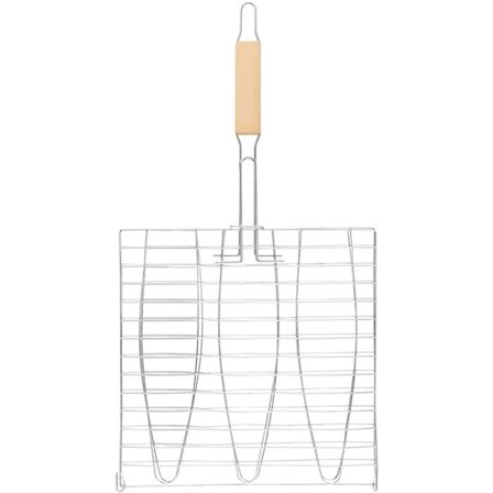 Grillnett for fisk, grillstativ for fisk, non-stick trippel fisk grillkurv, grillverktøy med trehåndtak, 2 stk.