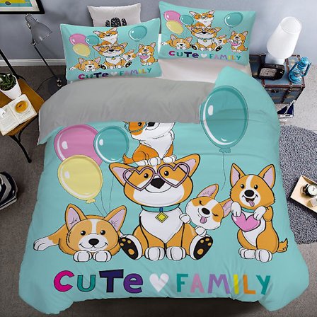 Corgi Hunder Dynetrekk King Queen Size Tegneserie Kjæledyr Valp Familie Sengetøy Sett For Barn Gutter Jenter Nydelig Dyretema Dynetrekk