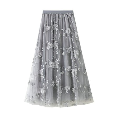 Langt tyll tutu-skjørt for kvinner 3d-blomsterbroderi ensfarget Midi-svingskjørt i mesh med høy midje