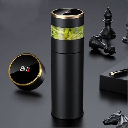 (Svart) Teinfuserflaske - Kaffetermos - Smart sportsdrikkeflaske med LED-temperaturdisplay - Reisekopp med tefilter i rustfritt stål