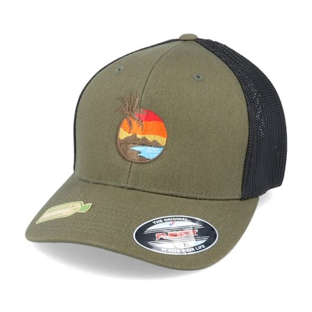 Iconic - Grön flexfit Keps - Organic Aloha Sunset Olive Mesh Flexfit @ Hatstore