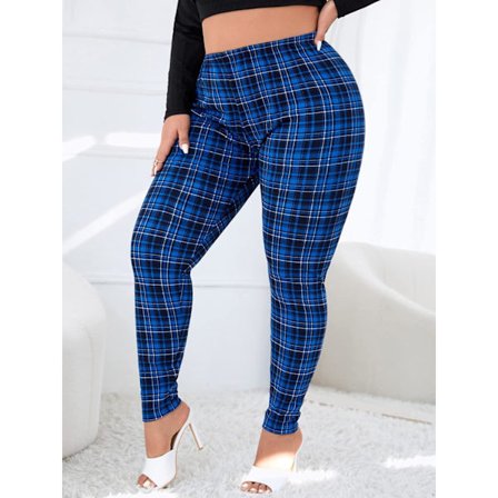 Dam Plus Size Rutiga Leggings med hög midja Skinny Byxor