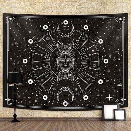 Aurinko Kuu Seinävaate Tähdet Avaruus Psykedeelinen Mustavalkoinen Seinävaate (Mystiikka Musta, 60x80 Tuumaa, 150x200 cm)