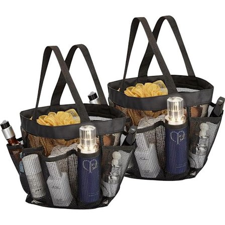 2-delt (Sort) Mesh Brusebadskurv Taske Sæt (8 Tasker) - Bærbar Hængende Toilet Taske til Mænd og Kvinder