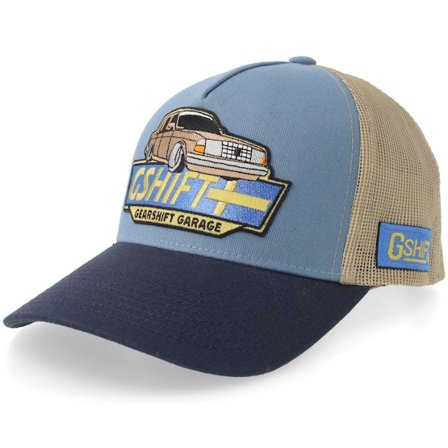 Gearshift - Beige trucker Cap - Swedish Classic Gshift Garage Light Blue/Khaki/Navy A-Frame Trucker @ Hatstore