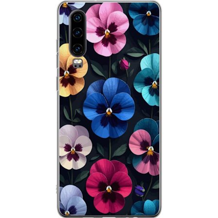 Kompatibelt Mobildeksel til Huawei P30 Dekorativt blomstermønster med fargerike pensélignende blomster og mørk elegant bakgrunn