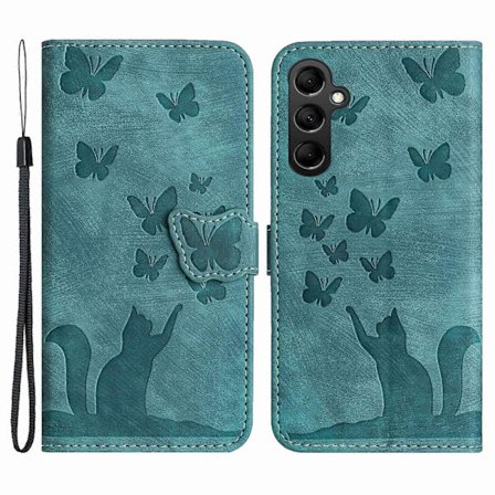 Til Samsung Galaxy A54 5G Etui med Håndrem Sommerfugl Kat Præget Læder Telefon Cover