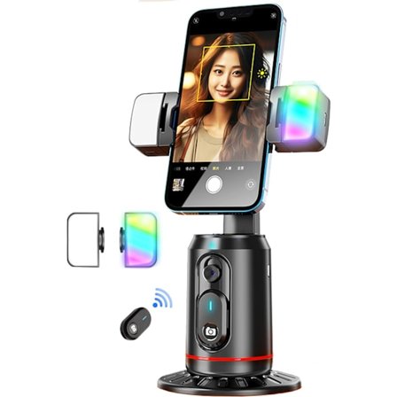Automatisk ansiktsföljande stativ, ingen app, 360° rotation ansikte kropp telefonkamerafäste med laddningsbar fyllningslampa och fjärrkontroll, smart 