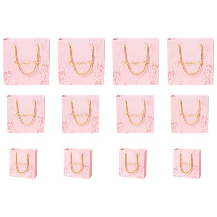 12-pack rosa presentpåsar, 3 storlekar, återvunna shoppingpåsar, sorterade detaljhandelspåsar för födelsedag, bröllop, fest, S, M, L