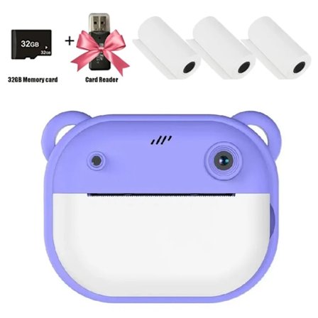 Barn Digital Kamera Instant Print for Barn Termal Print Kamera Instant Foto Utskrift Kamera Video Leksaker+32G Memory Card