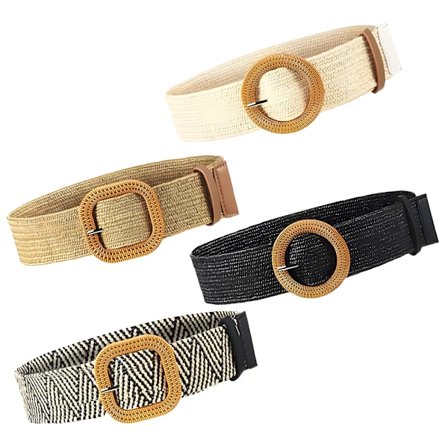 4 stk. Stråvevde Elastiske Stretchbelter Dame, Brede Boho Flettede Kjolebelter med Spenne i Trestil