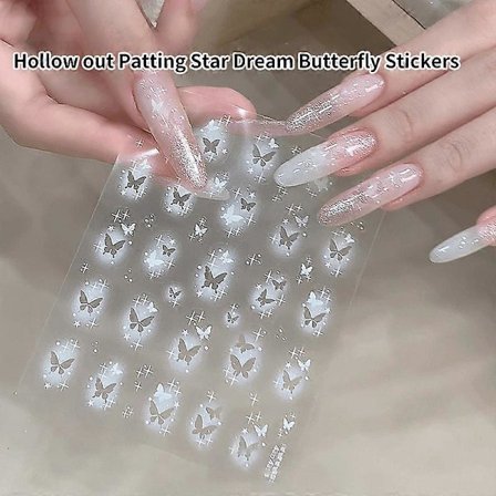 Vita Fjärilar Silver Utskurna Halo Färgning Smudge Blommor Präglade Nageldekaler Manikyrdekaler