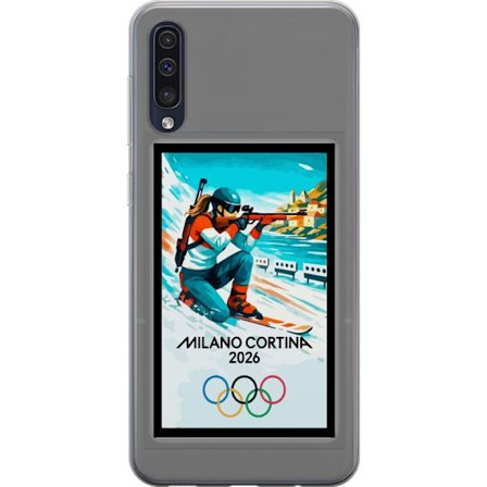 Kompatibelt Mobildeksel til Samsung Galaxy A50 Retroplakat Cortina Milano 2026 med fjell, vintersportsutøvere, italienske trikolor, Milano-katedralen