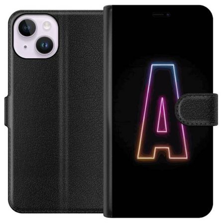 Kompatibel Tegnebogsetui til Apple Apple iPhone 14 Minimalistisk neonbogstav A i regnbuefarvet lys mod sort baggrund i moderne typografisk stil