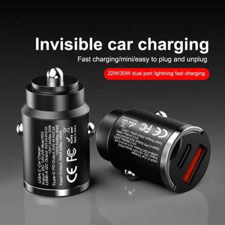 100W Biloplader Cigarettænder PD Hurtigopladning QC3.0 Mini USB Type-C grå