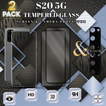 2-Pack SAMSUNG S20 Skærmbeskyttelse & 2-Pack linsebeskyttelse - Hærdet Glas 9H - Super kvalitet 3D