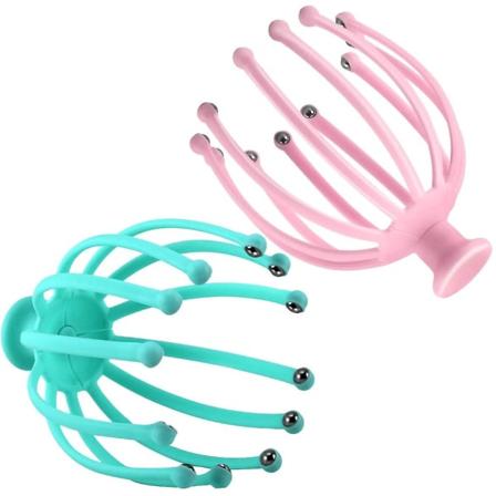 Massagekløer til dyb afslapning, bøjeligt hovedmassager til stressaflastning, hårstimulerende manuel (dobbelt, lyserød blå)
