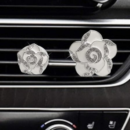 Bling Bil Dekoration, Bling Bilinteriør, Luftventilsdekoration med Glitrende Rhinestones, Diamantklemme - Hvide Blomster (1 Par)