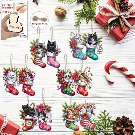 12-osainen uusi litteä joulukuusenkoriste puusta, jossa on söpöjä kissakuvioita