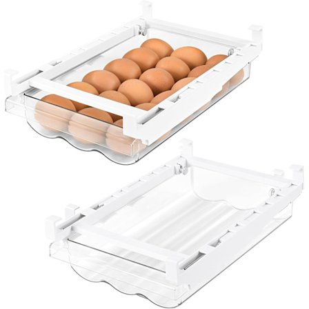2-pack Ägghylla för kylskåp, Utdragbar äggförvaringslåda med handtag, Transparent ägglåda för kyl