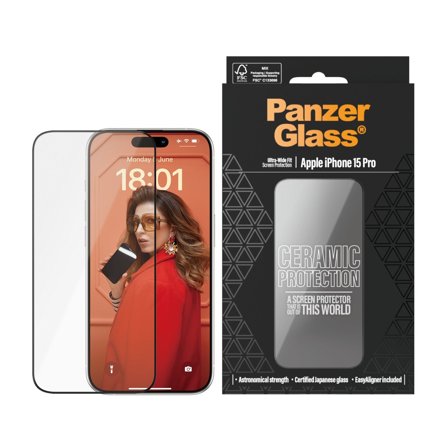 Panzer Ceramic iPhone 15 Pro | Ultra-Wide Fit w. EasyAligner Screen Protector PanzerGlass - High quality tempered glass screen protector