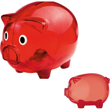 Stor gjennomsiktig sparegris i plast, gaveidé, sparegris, pengeboks, individuelt eller i dobbelt sett, 12,5 x 10 x 10 cm (2, rød)