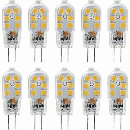 12V G4 LED-lamppu, 1W vastaa 10W halogeenilamppua, 200LM välkkymätön, 3000K lämmin valkoinen, 360 asteen valokeila, ei himmennettävä, 10 kpl pakkaus