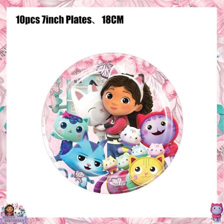 Gabby Dollhouse Födelsedagsfest Tillbehör: Rosa Gabby Katt-muggar, tallrikar, servetter, ballonger, bakgrund-FA-