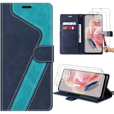 Etui + 2 hærdede briller til Xiaomi Redmi Note 12 4G i PU-læder med støtteben, moderigtigt - blå (ikke til Redmi 12)