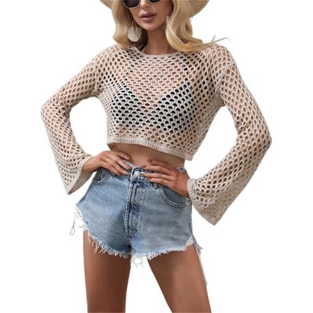 2025 Senaste Modell Sexig Virkad Crop Top Mesh Genomskinlig Cover Up för Bikini Utskuren Fisknät Långärmad T-shirt Top