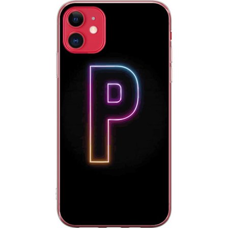 Kompatibel Mobilcover til Apple Apple iPhone 11 Minimalistisk neonbogstav P i farvegradient og lyseffekt mod sort baggrund i digital neonstil
