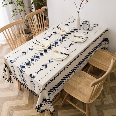 Bomullslinne bordsduk med tofsar, fyrkantig 60x70 tum