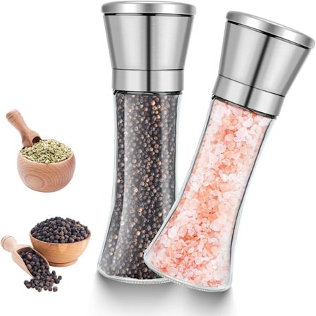 Sæt med 2 justerbare keramiske kværne, rustfrit stål og glas