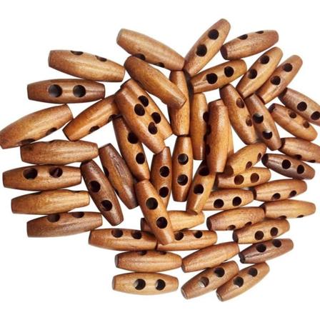 50 stk. olivenformede kaffefarvede træknapper med 2 huller til syning