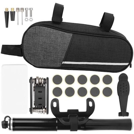 Portabel reparationssats för mountainbike-däck med pump och nyckelsats