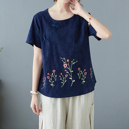 Broderi T-shirt För Kvinnor Med Rund Hals T-shirt