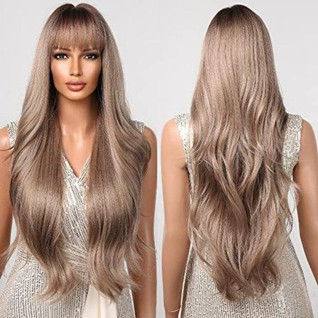 Lang bølgete parykk med høy glans og pannelugg for kvinner