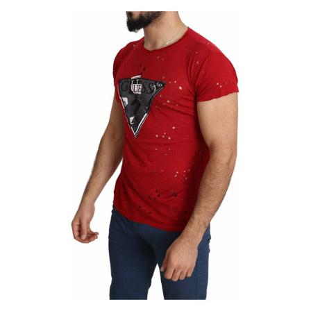 Guess, Cotton Logo Print Casual Top Perforated T-shirt Rood, Heren, Maat:L,stretch