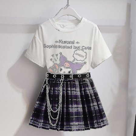 Sanrios Cartoon Kawaii Girls Vit T-shirt kostym Kuromi Söt sommar Kortärmad College Jk Uniform Kjol Barn Fashionabla kjol