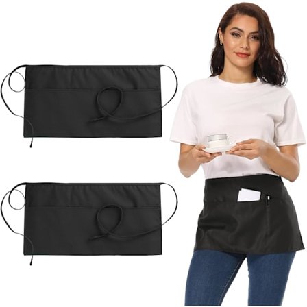 Pieces Kort Tjenerforklæde Sort Taljeforklæde med 3 Lommer Køkken Halvforklæde Mænd og Kvinder Kort Forklæde til Restauranter, Caféer, Barer, Sort