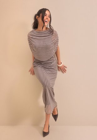 Bubbleroom Occasion - Cape Mesh Ankle Dress - Brown/Checked