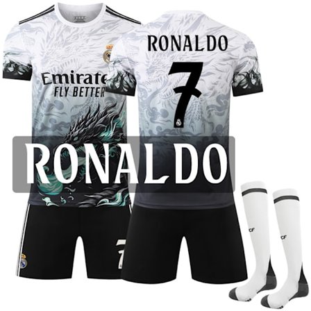 24-25 Real Madrid Qinglong Special Edition Dragon Hvid Fodbolduniform Nr. 7 C Ronaldo Trøje med Sokker til Børn og Voksne(FQ)