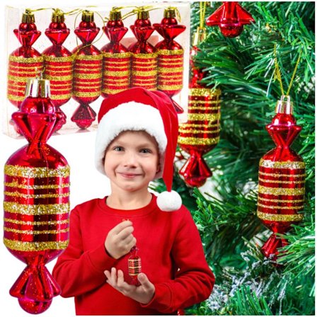 Julgranskulor 6 st godis PRL rödguld plast julgransbabka_MGF