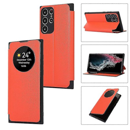 Fodral för Samsung Galaxy S24, Smart Sleep/Wake Up Funktion Visningsfönster Premium Läder Flipfodral med Kortplats, Ställ Trådlös Laddning-Perfekt