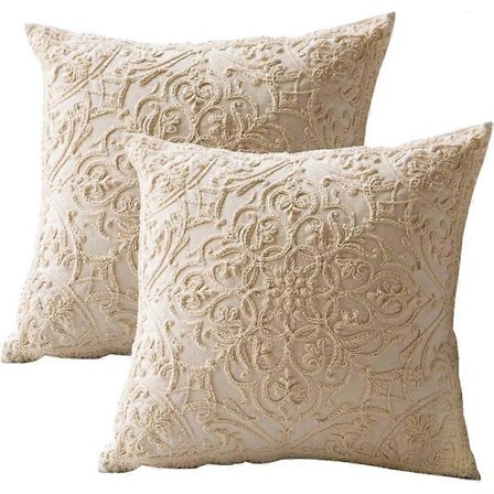 Kirjailtu koristetyynynpäällinen neliönmuotoinen tyynyliina 100 % puuvillaa vetoketjulla kodin sisustukseen 50 x 50 cm (20 x 20 tuumaa) (Beige, 2 kpl)