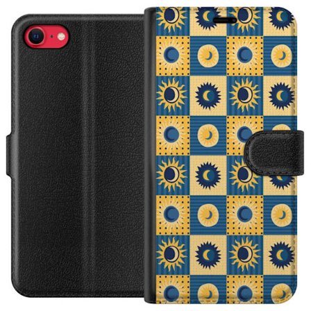 Kompatibel Tegnebogsetui til Apple iPhone SE (2020) Symmetrisk rutedesign med sol og måne i gul og blå retrostil