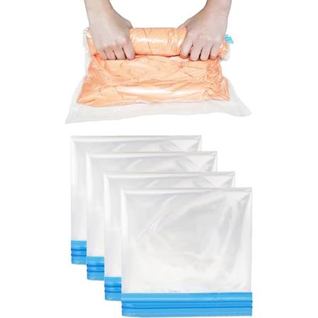 Rulla ihop kompressionspåsar, 4-pack 50x35cm återanvändbara vakuumförvaringspåsar för resor, sparar utrymme i resväskan, ingen pump krävs
